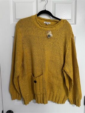 NorthStyle Women’s Mustard Yellow Crewneck Knit Sweater with Pocket Button